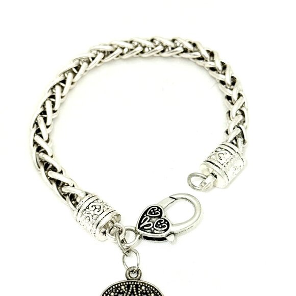 Silver-Tone Hamsa Hand Charm Bracelet Heart Lobster Clasp & Thick Braided Chain - Picture 5 of 8